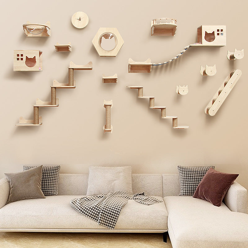Modular Wall-Mounted Cat Climbing Frame — Solid Wood Platforms, Steps & Perches