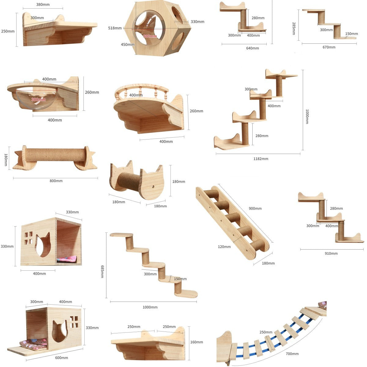 Modular Wall-Mounted Cat Climbing Frame — Solid Wood Platforms, Steps & Perches
