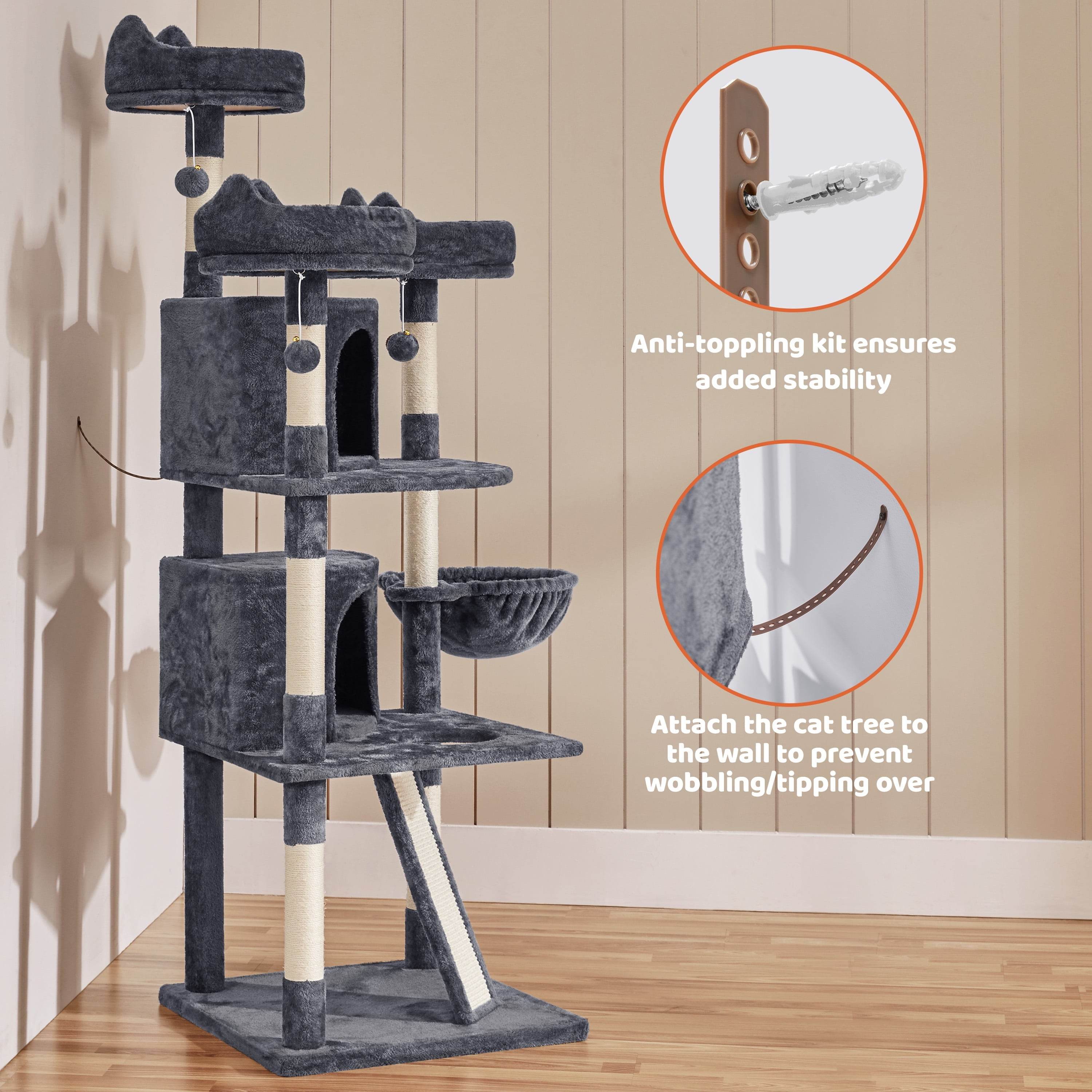 Renwick 69" Large Cat Tree Tower with Condos & Scratching Board — Dark Gray