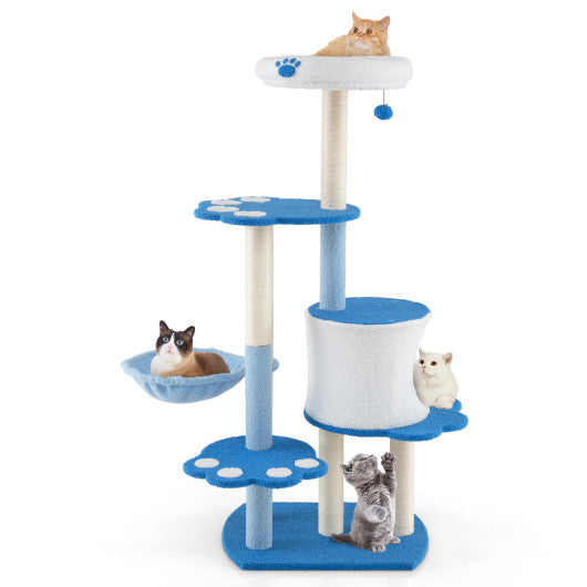 54" Modern Cat Tree Tower with Hammock, Condo & Sisal Posts — Blue & White