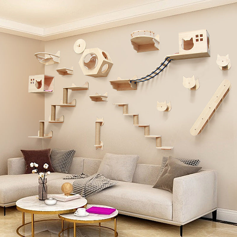 Modular Wall-Mounted Cat Climbing Frame — Solid Wood Platforms, Steps & Perches