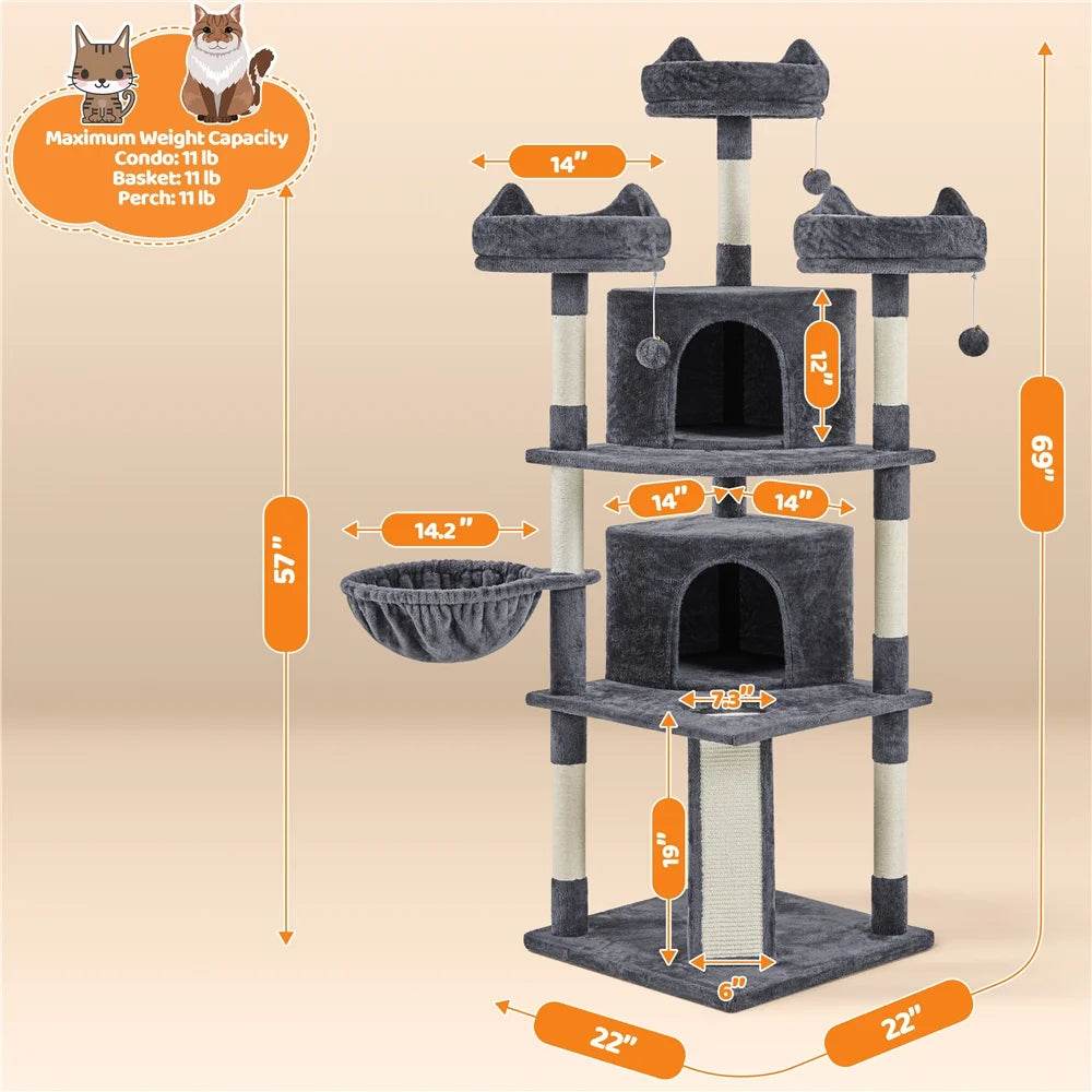 Renwick 69" Large Cat Tree Tower with Condos & Scratching Board — Dark Gray