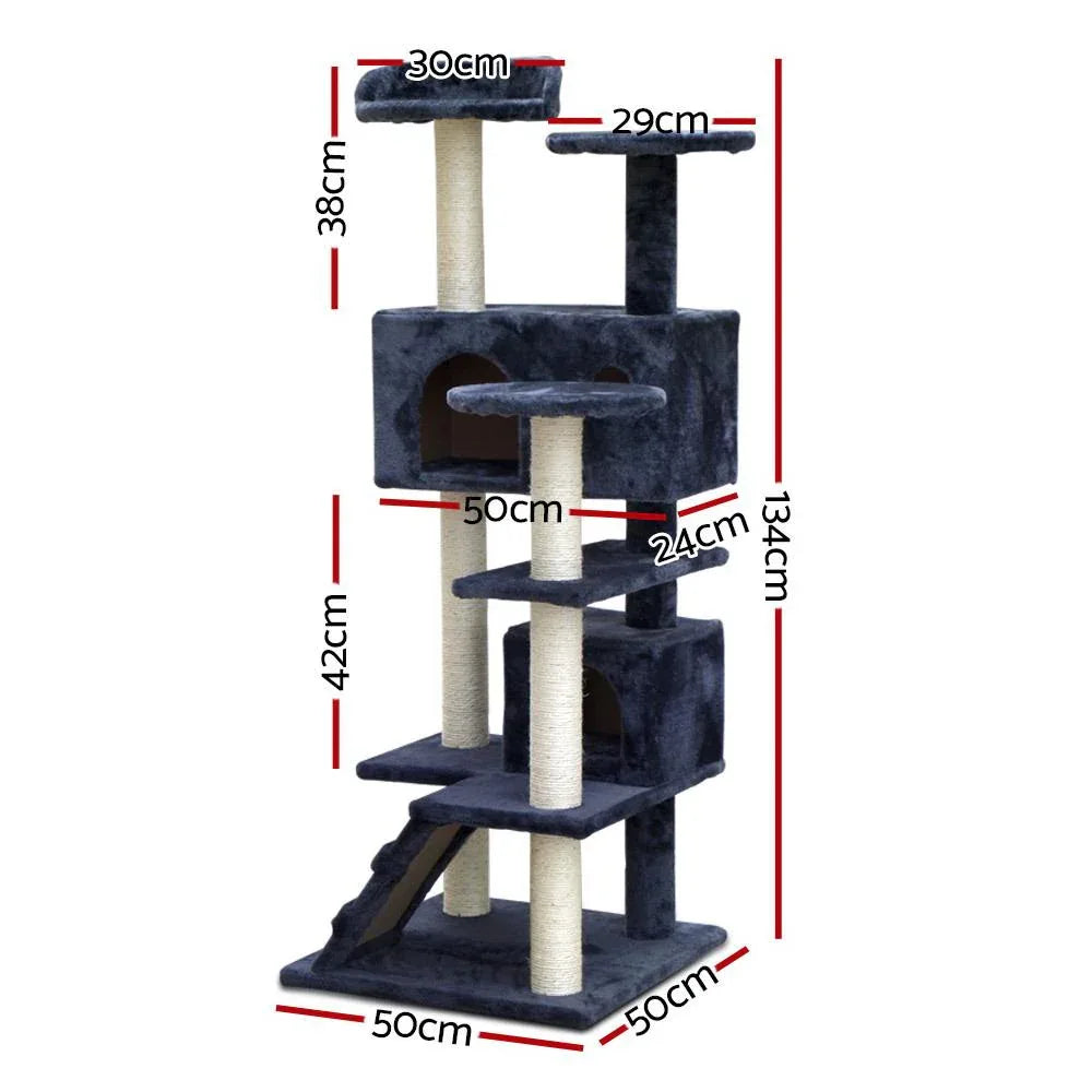134cm Cat Tree with Cradles, Bed Cubes, Ladder & Sisal Scratching Posts — Dark Grey
