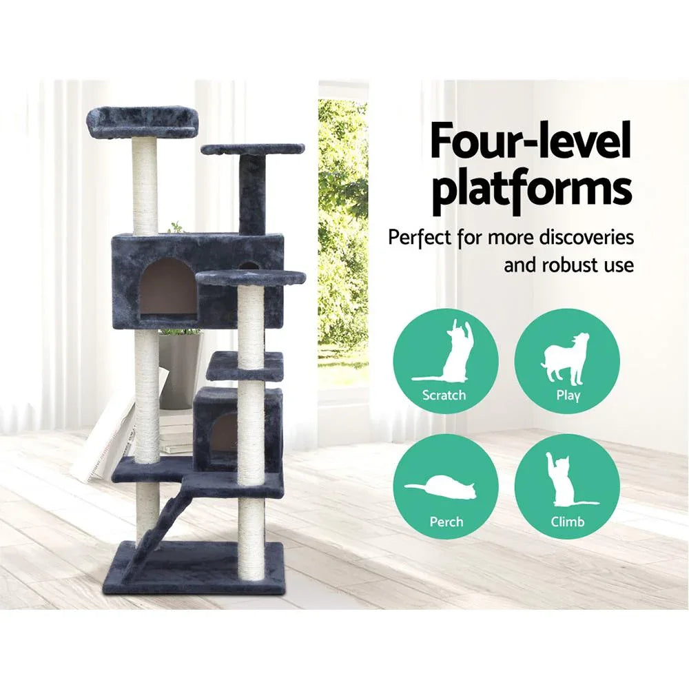 134cm Cat Tree with Cradles, Bed Cubes, Ladder & Sisal Scratching Posts — Dark Grey