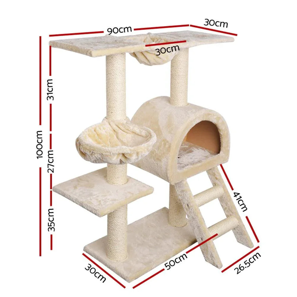 100cm Cat Tree with Condo, Hammock, Cradles & Sisal Scratching Posts — Beige