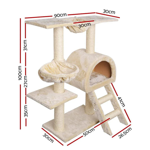 100cm Cat Tree with Condo, Hammock, Cradles & Sisal Scratching Posts — Beige