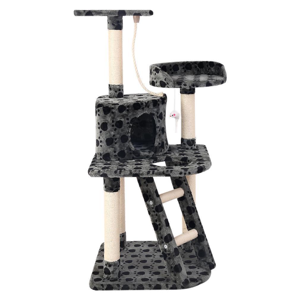 120cm Cat Tree with Platforms, Bed Cube, Sisal Ramp & Hanging Toys — Dark Grey