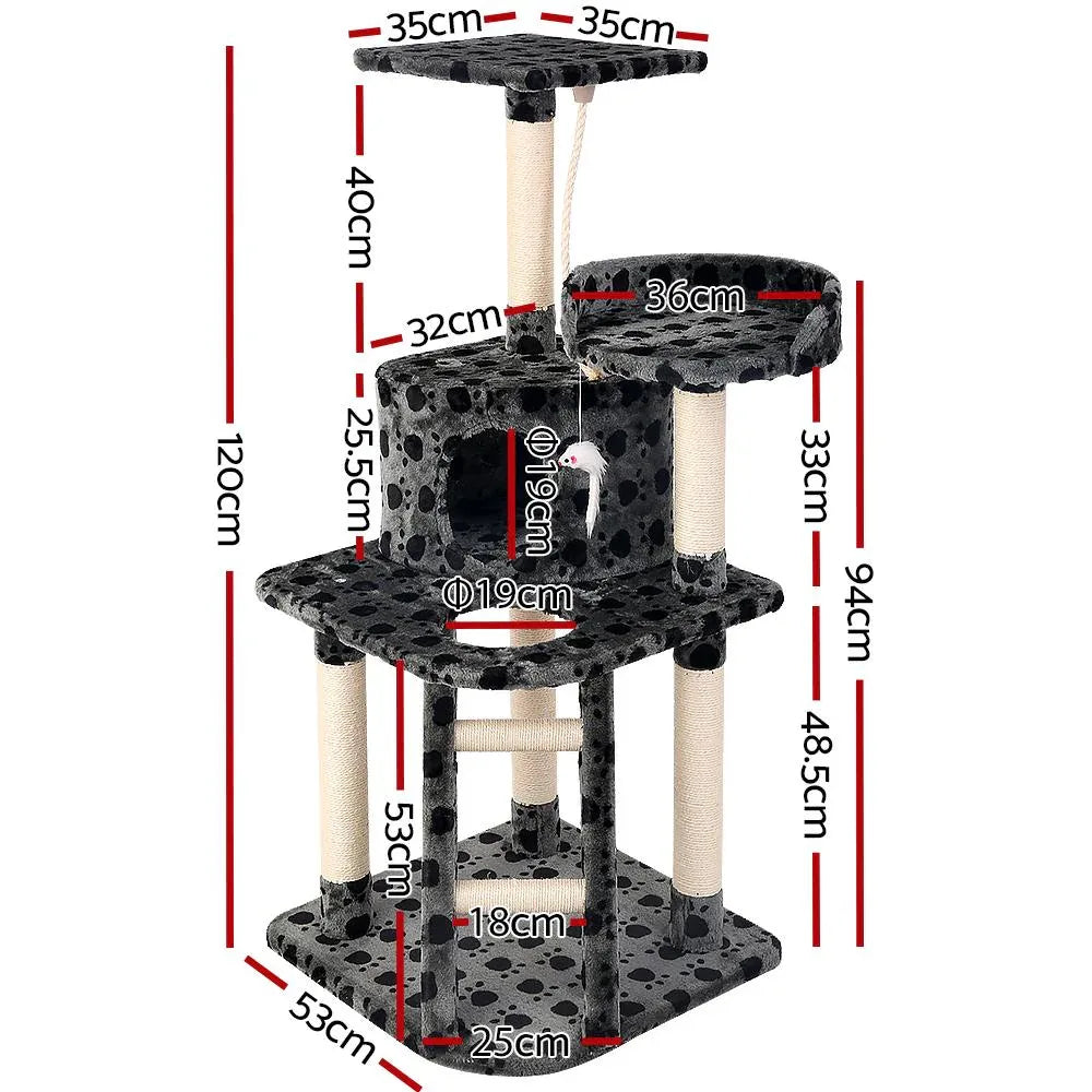120cm Cat Tree with Platforms, Bed Cube, Sisal Ramp & Hanging Toys — Dark Grey
