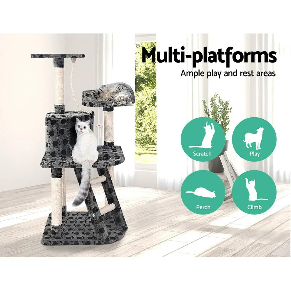 120cm Cat Tree with Platforms, Bed Cube, Sisal Ramp & Hanging Toys — Dark Grey