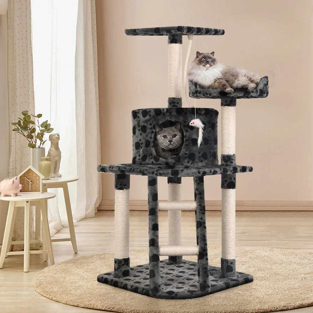 120cm Cat Tree with Platforms, Bed Cube, Sisal Ramp & Hanging Toys — Dark Grey