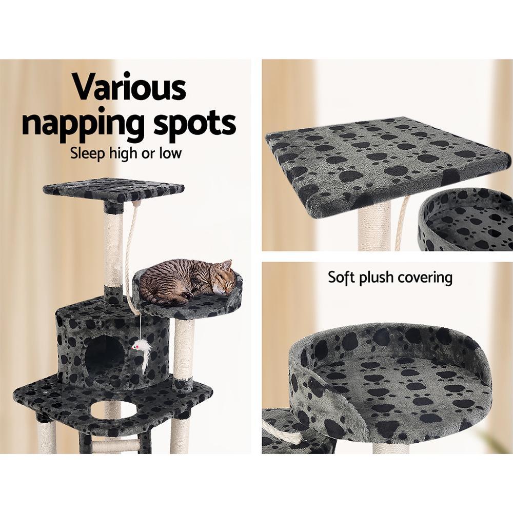 120cm Cat Tree with Platforms, Bed Cube, Sisal Ramp & Hanging Toys — Dark Grey