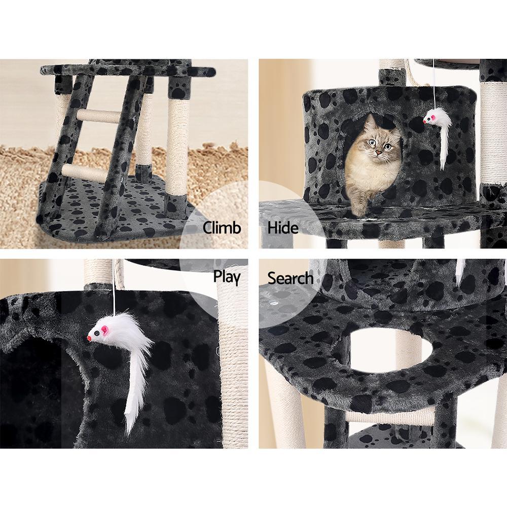 120cm Cat Tree with Platforms, Bed Cube, Sisal Ramp & Hanging Toys — Dark Grey