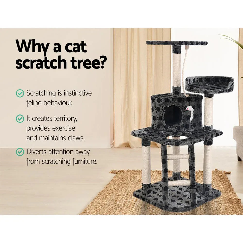 120cm Cat Tree with Platforms, Bed Cube, Sisal Ramp & Hanging Toys — Dark Grey
