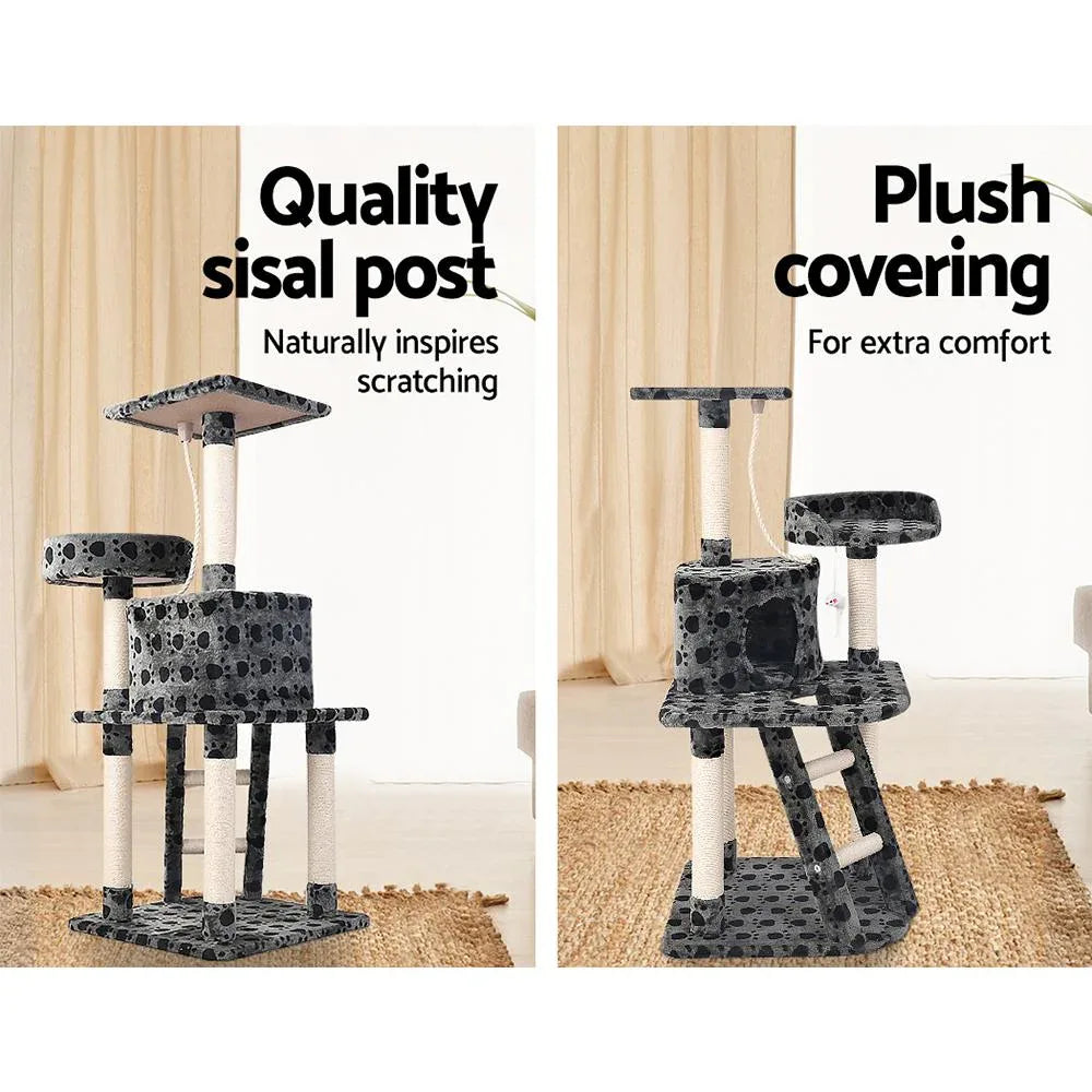 120cm Cat Tree with Platforms, Bed Cube, Sisal Ramp & Hanging Toys — Dark Grey