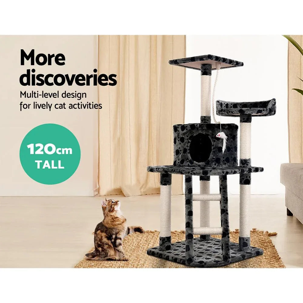 120cm Cat Tree with Platforms, Bed Cube, Sisal Ramp & Hanging Toys — Dark Grey