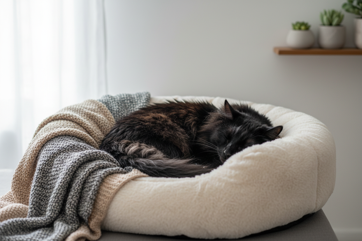 Black long-haired cat in a cozy pet bed