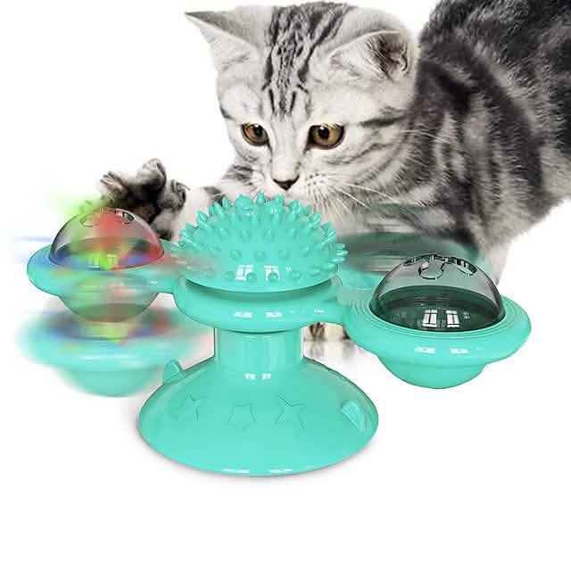 Interactive Cat Toy with Catnip Balls, Spinning Windmill & Suction Base — Green, Yellow or Blue