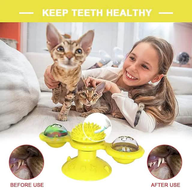 Interactive Cat Toy with Catnip Balls, Spinning Windmill & Suction Base — Green, Yellow or Blue
