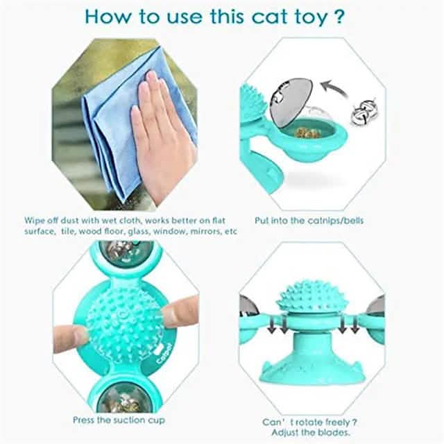 Interactive Cat Toy with Catnip Balls, Spinning Windmill & Suction Base — Green, Yellow or Blue
