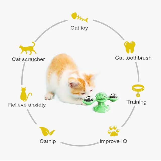 Interactive Cat Toy with Catnip Balls, Spinning Windmill & Suction Base — Green, Yellow or Blue