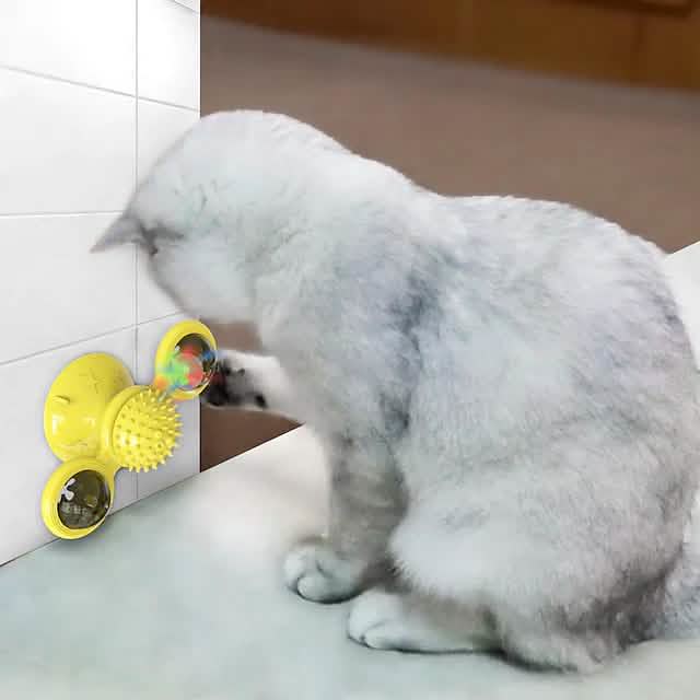Interactive Cat Toy with Catnip Balls, Spinning Windmill & Suction Base — Green, Yellow or Blue