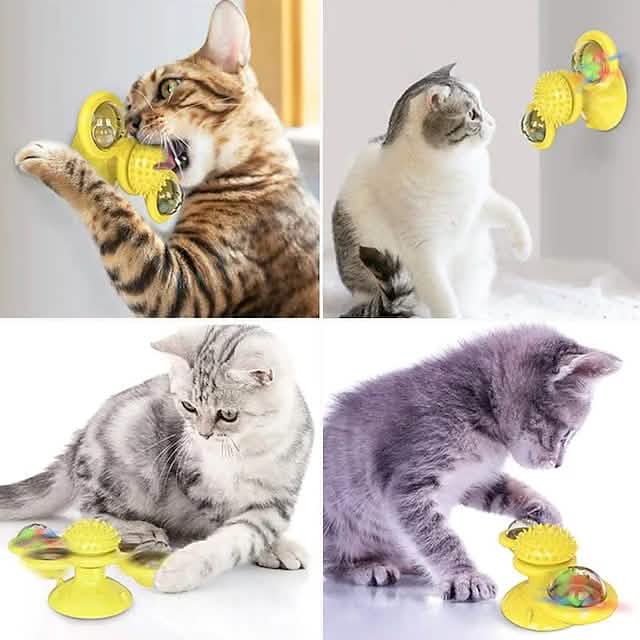 Interactive Cat Toy with Catnip Balls, Spinning Windmill & Suction Base — Green, Yellow or Blue