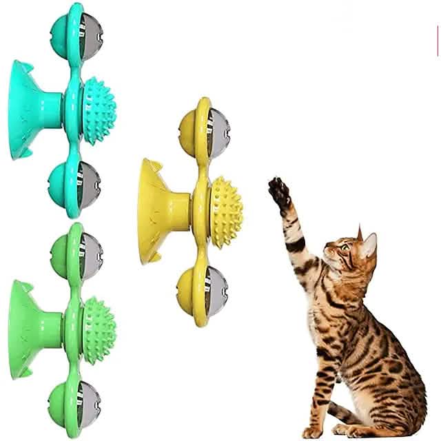 Interactive Cat Toy with Catnip Balls, Spinning Windmill & Suction Base — Green, Yellow or Blue