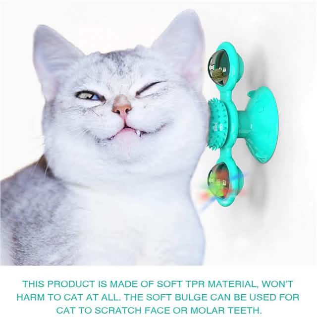 Interactive Cat Toy with Catnip Balls, Spinning Windmill & Suction Base — Green, Yellow or Blue