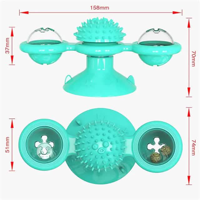 Interactive Cat Toy with Catnip Balls, Spinning Windmill & Suction Base — Green, Yellow or Blue