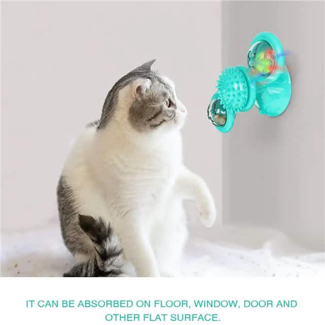 Interactive Cat Toy with Catnip Balls, Spinning Windmill & Suction Base — Green, Yellow or Blue
