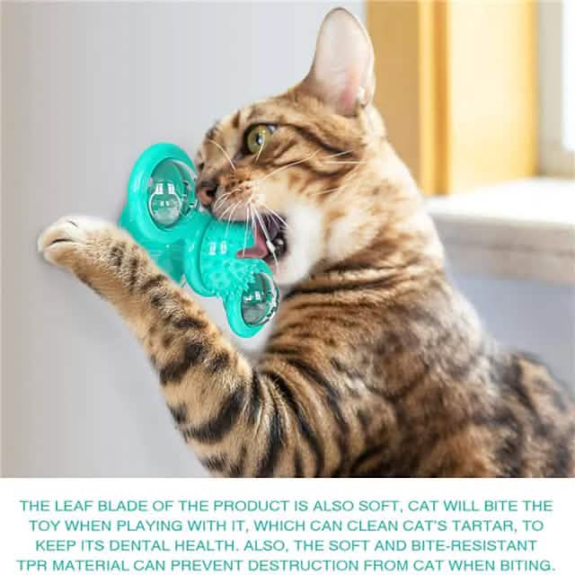 Interactive Cat Toy with Catnip Balls, Spinning Windmill & Suction Base — Green, Yellow or Blue