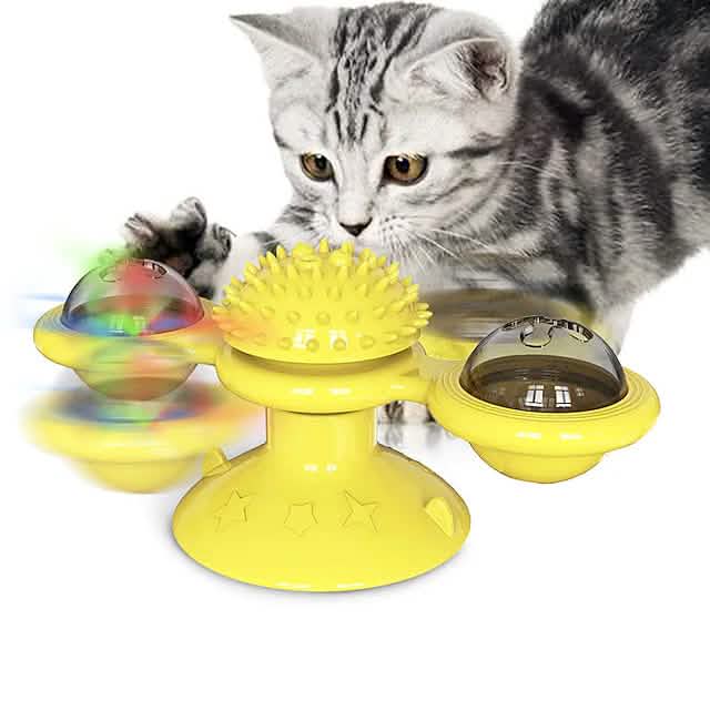 Interactive Cat Toy with Catnip Balls, Spinning Windmill & Suction Base — Green, Yellow or Blue