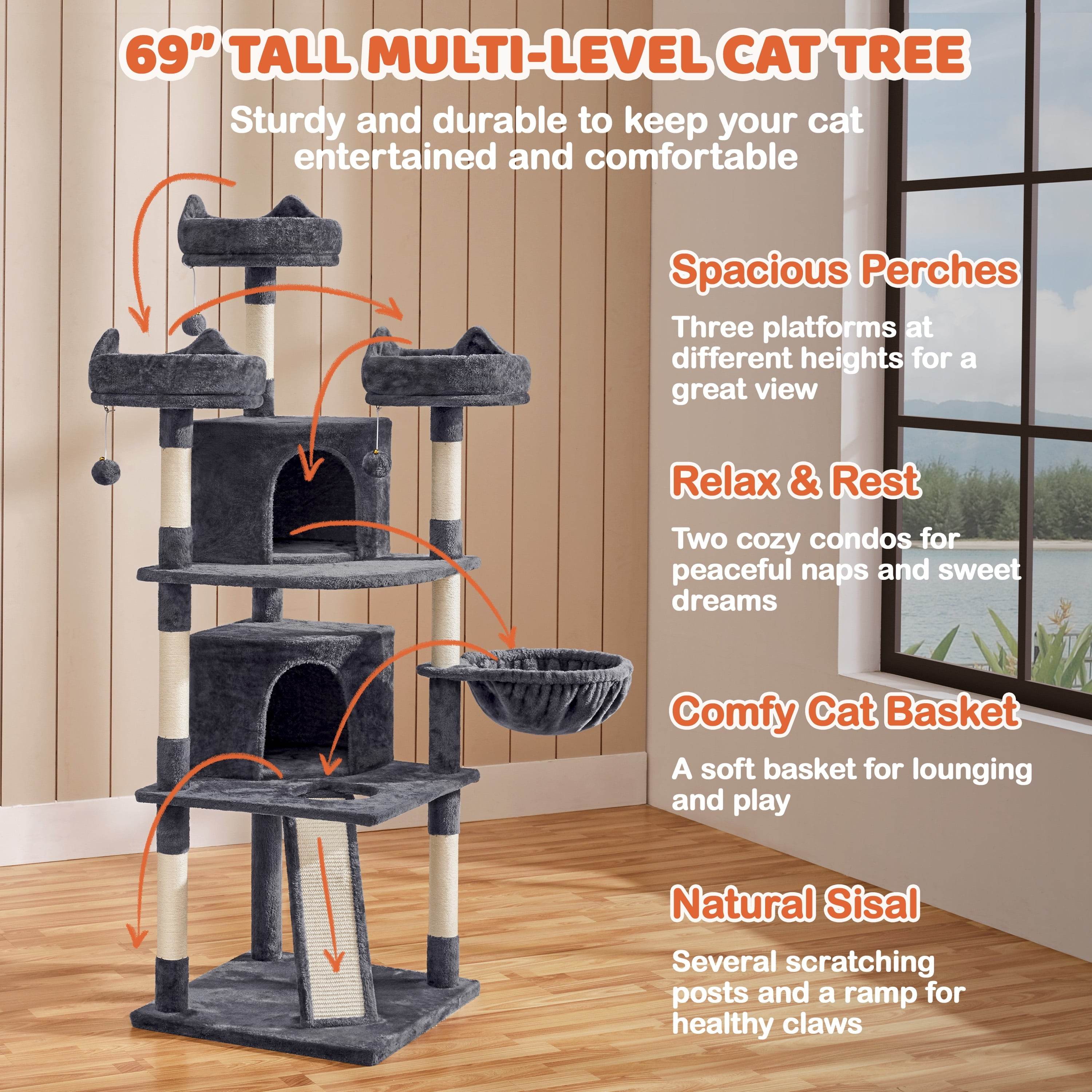 Renwick 69" Large Cat Tree Tower with Condos & Scratching Board — Dark Gray