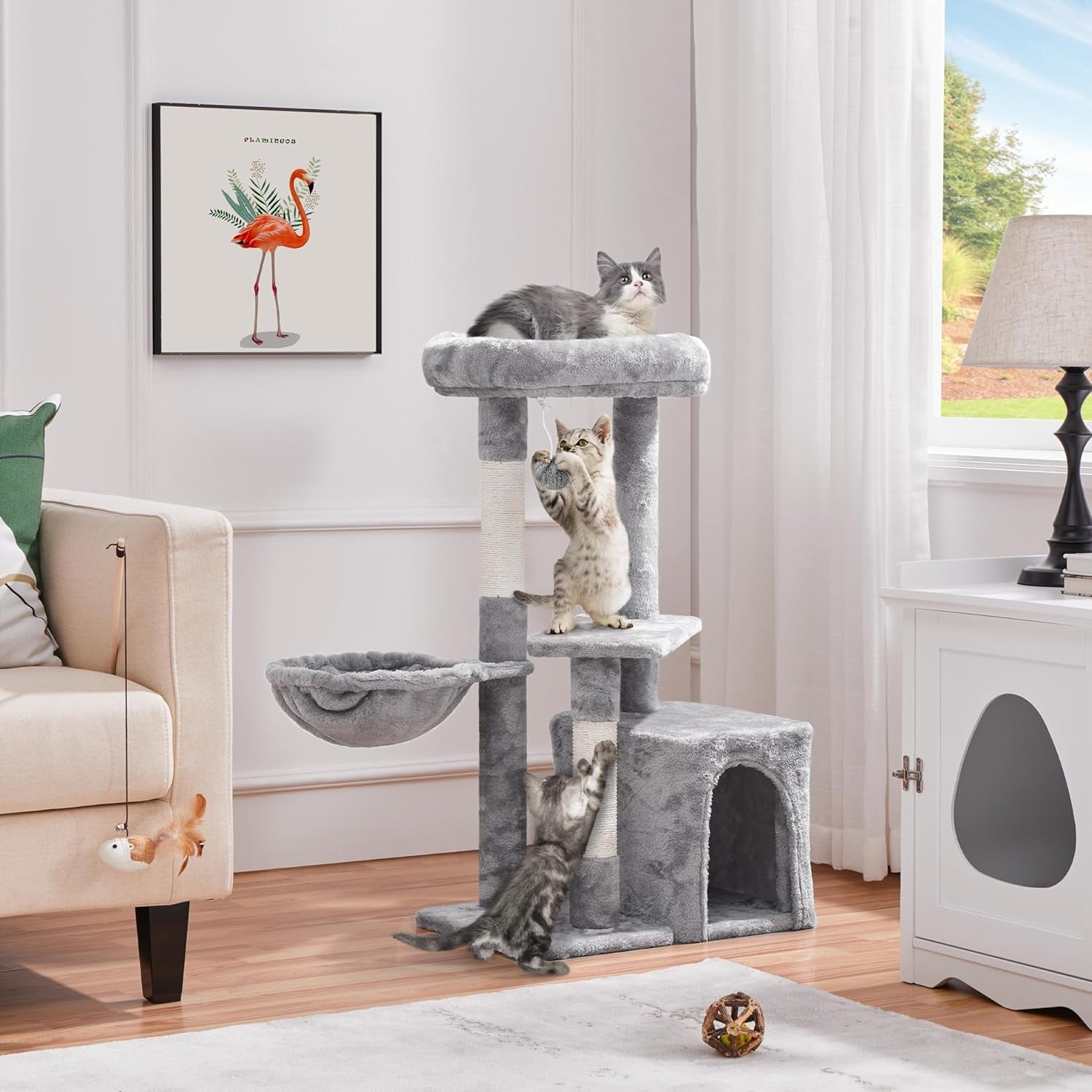 Cat Tower with Plush Condo, Basket & Nest — 34.5" Multi-Level Cat Tree
