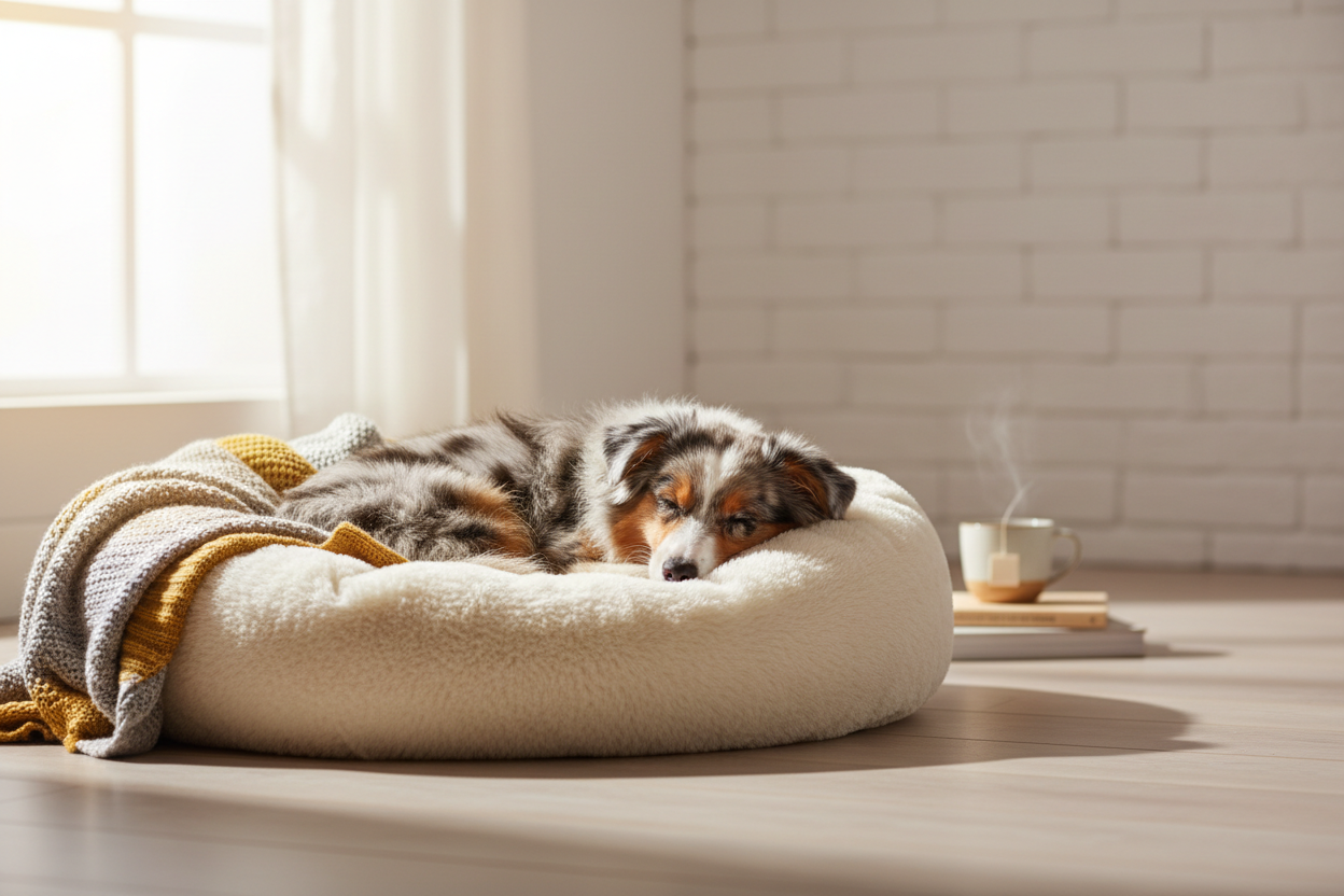 Miniature Aussie in a cozy pet bed