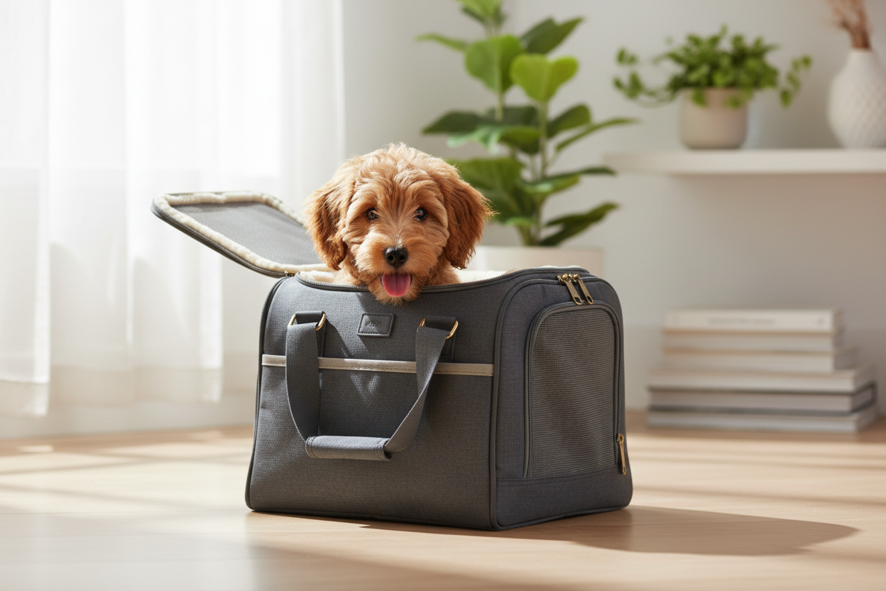 Small dog in a pet carrier
